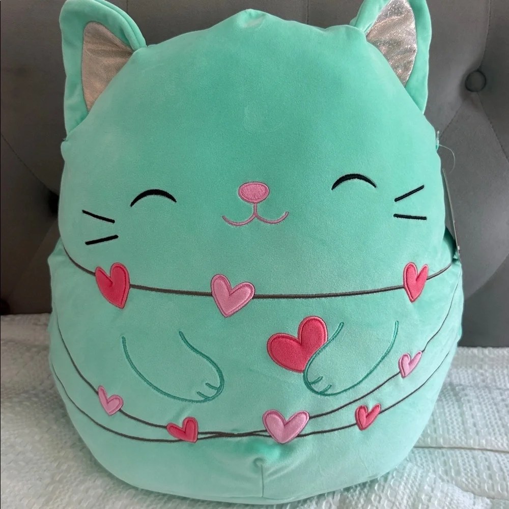 Squishmallow LARGE Charisma Mint Plush Cat with Pink Hearts